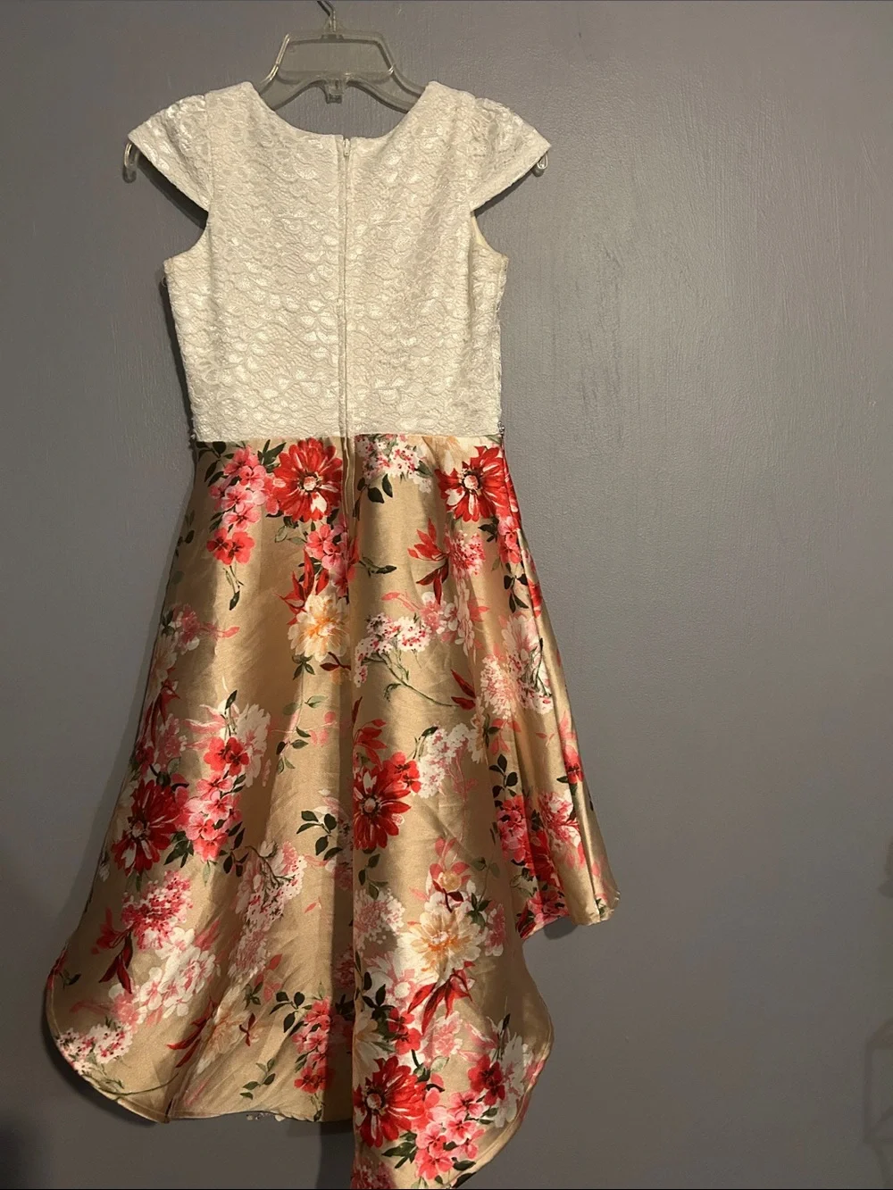 Rare Editions White Lace Bodice Gold Floral High-Low Dress